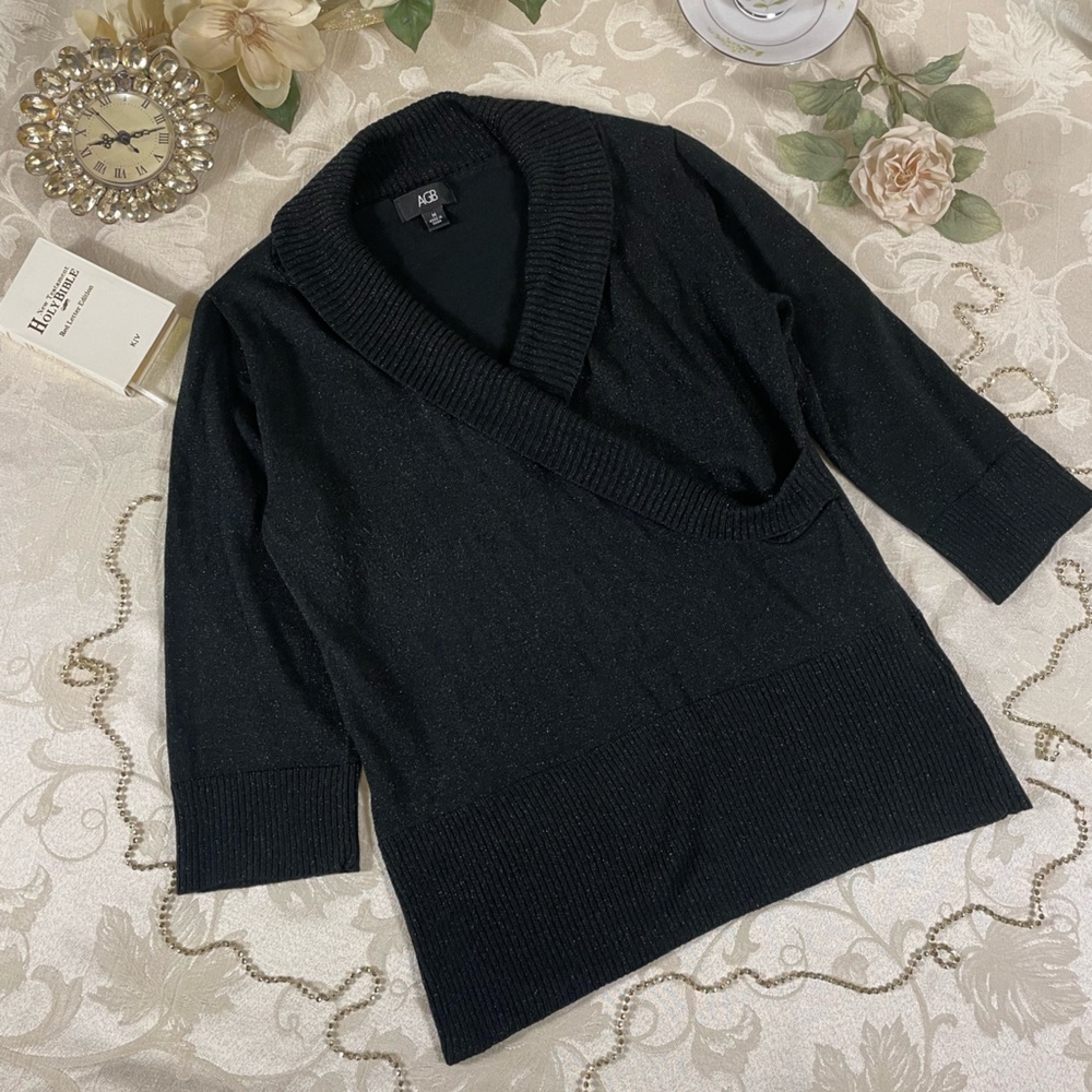 Women’s Black AGB 3/4 Sleeve Sparkle V Neck Stretch Knit Sweater Ladies Size M